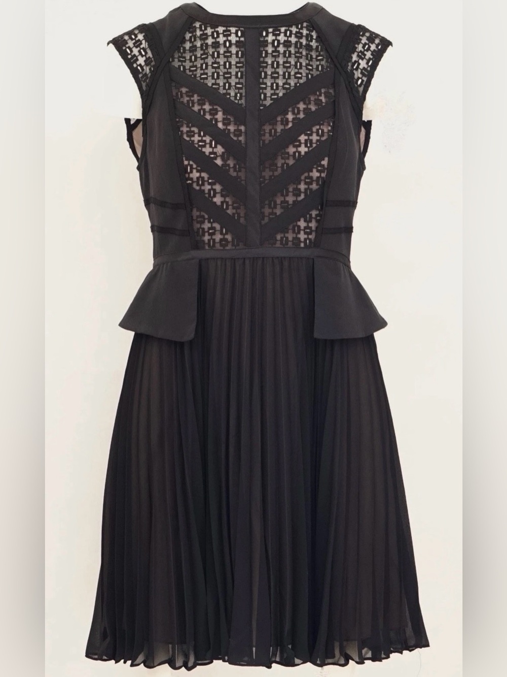 Karen Millen UK NWT Black Mesh Bodice Peplum Waist Pleated Cocktail Dress 10
